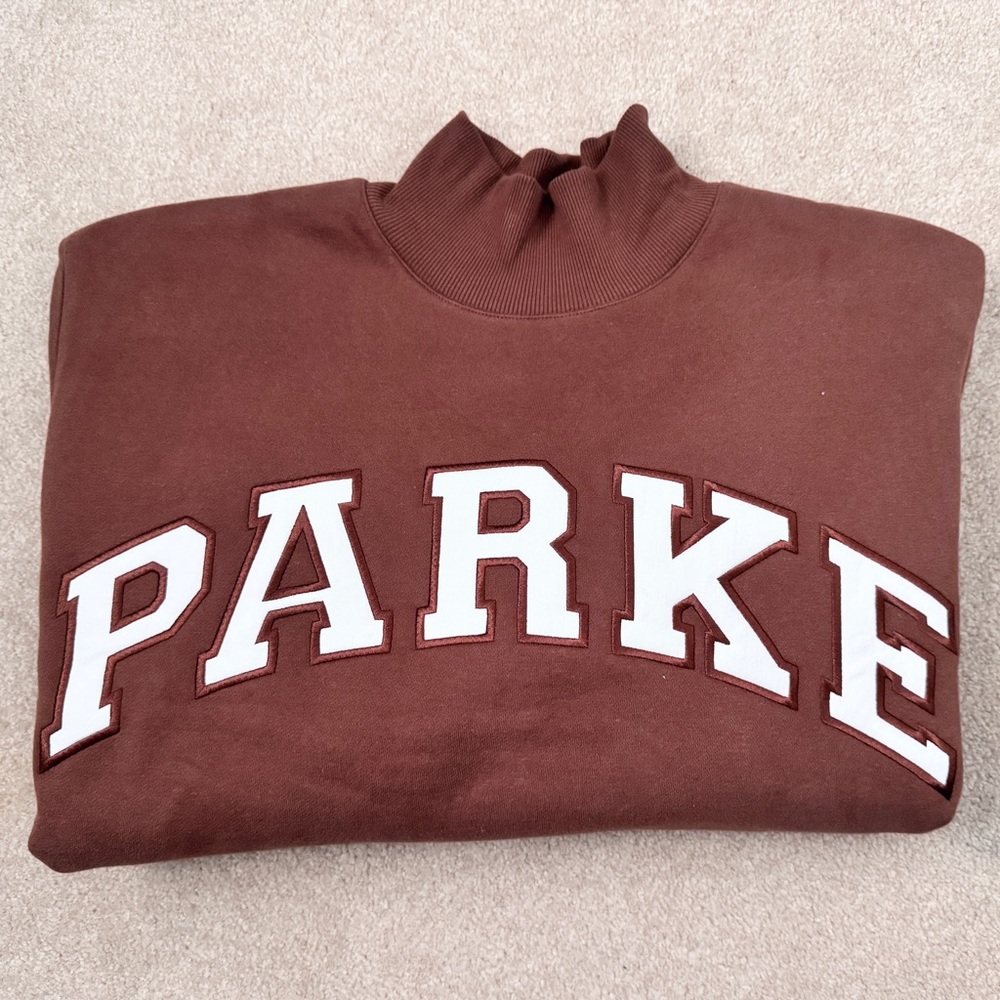 NWT Parke Fleece Varsity Turtleneck Sweatshirt  in Mocha + White L/XL - Picture 9 of 9